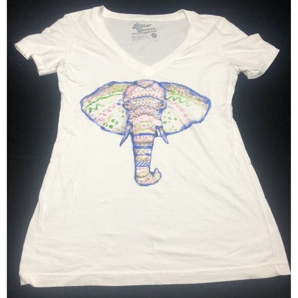Bitter Sweet Women’s T Shirt White Elephant Colorful Henna V-Neck Size Medium - Picture 1 of 6
